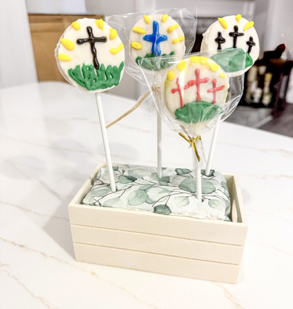 box with christian easter oreo pops with crosses