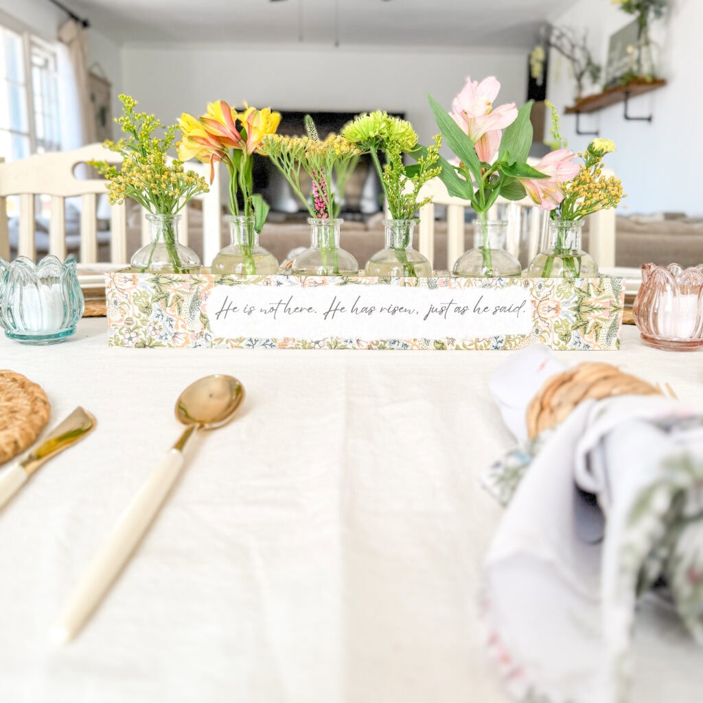 christian easter centerpiece with decoupage napkins for floral cottagecore decor