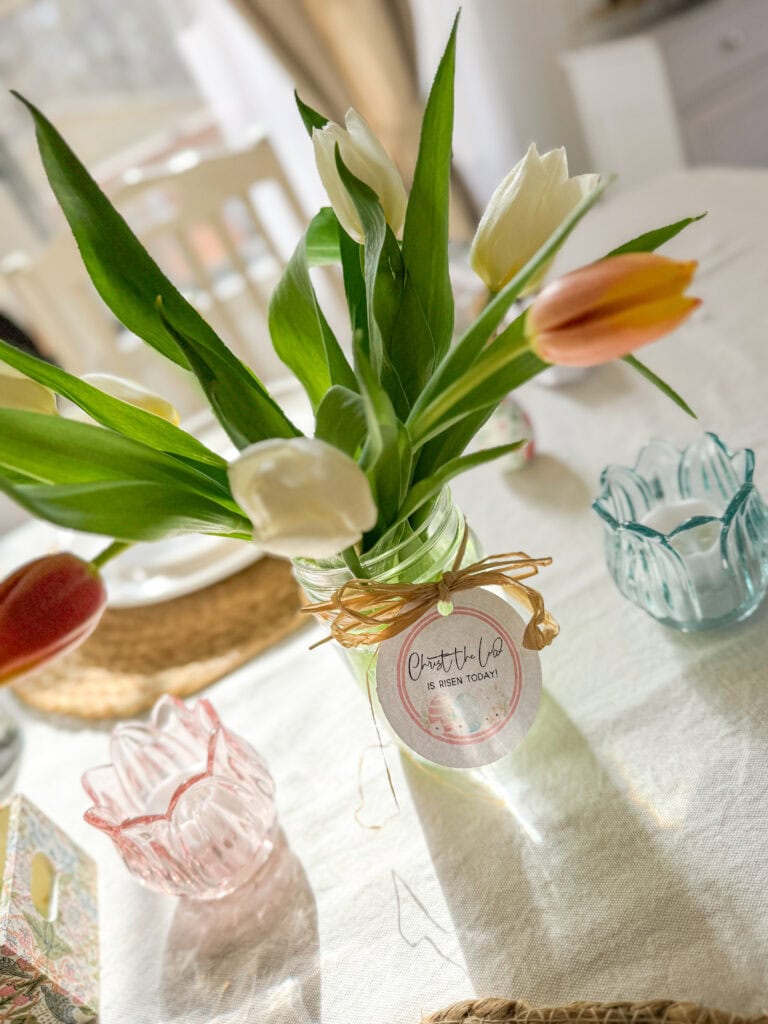 tulips he is risen tag for christian easter table decor