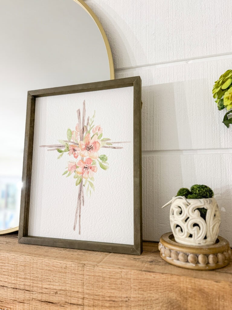 painted cross canvas on mantel for christian easter decorations