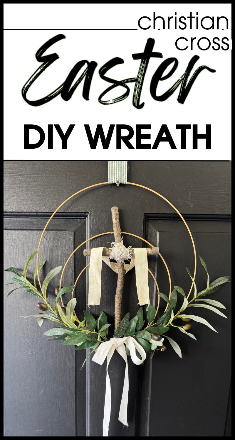 Diy Easter cross wreath with olive branches on front door, ribbon bow