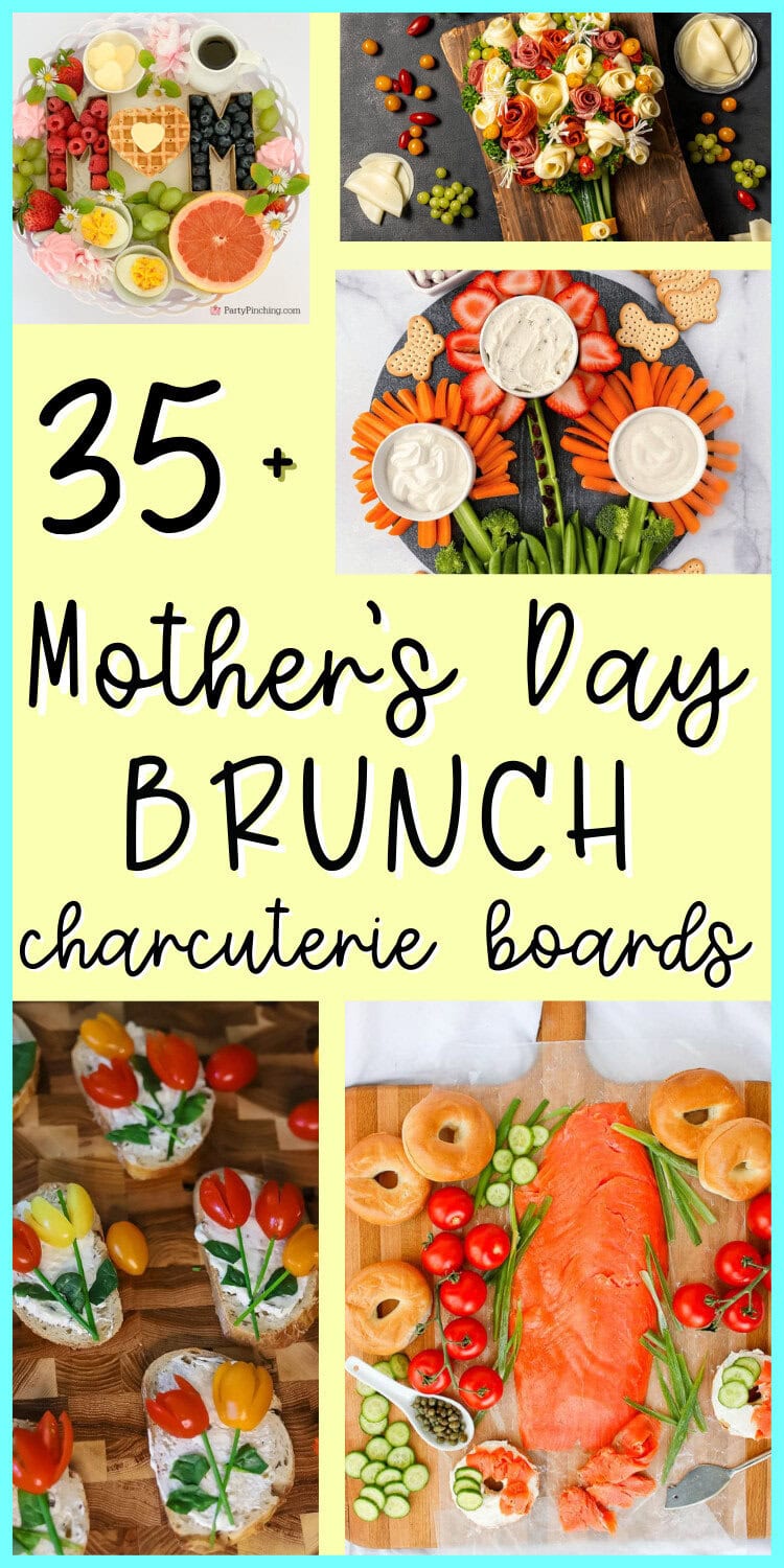 mother's day brunch board collage with mom boards, spring veggie board, bagel boards