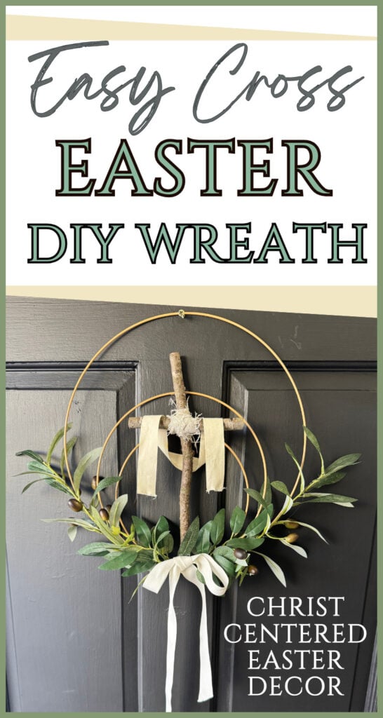 Diy Easter cross wreath with olive branches on front door, ribbon bow