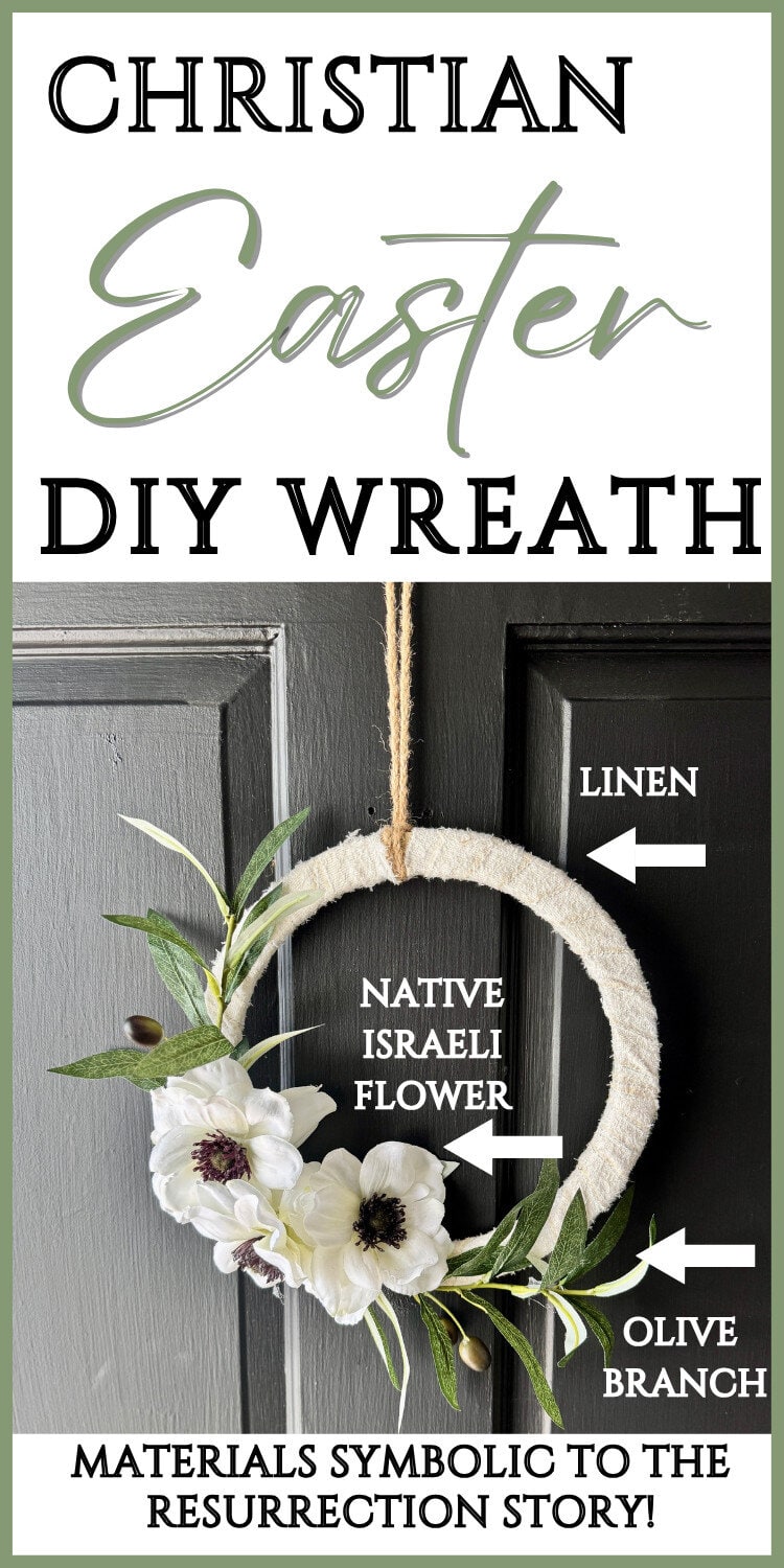 christian diy easter wreath on black front door, with olive branches, linen ribbon, anemone
