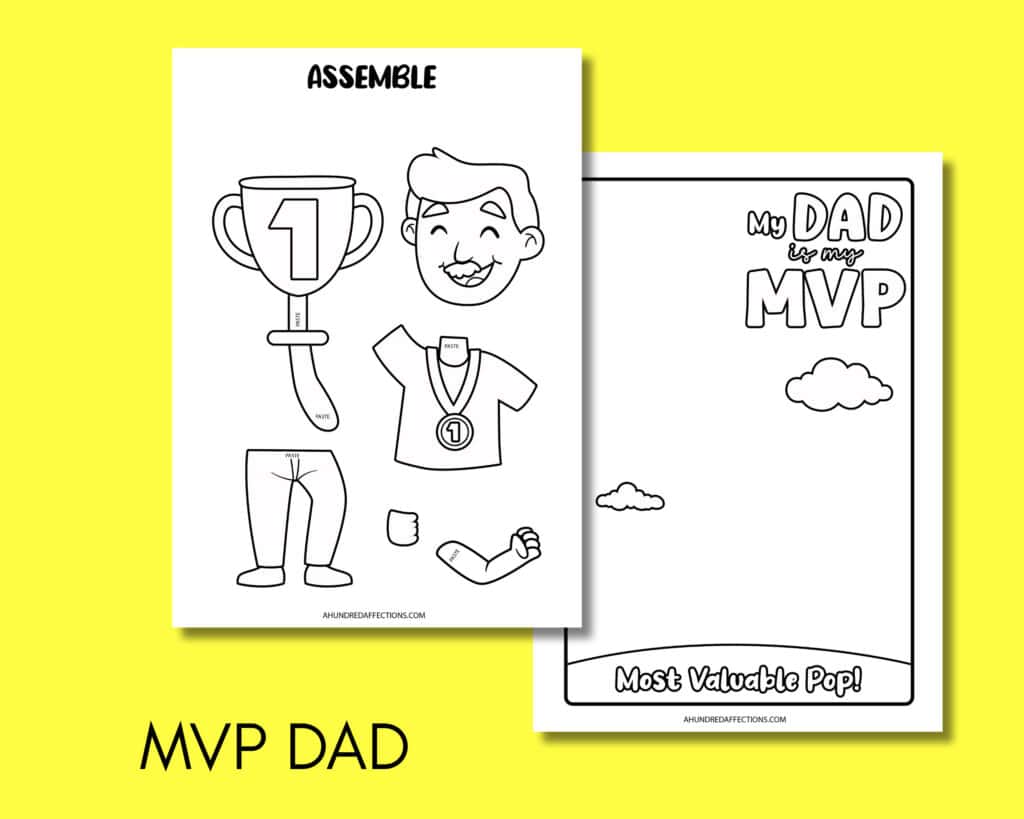 Award-winning dad coloring page with MVP trophy, medals, and sports theme celebrating fatherhood and Super Dad qualities, perfect for Father's Day crafts and kid's activities.