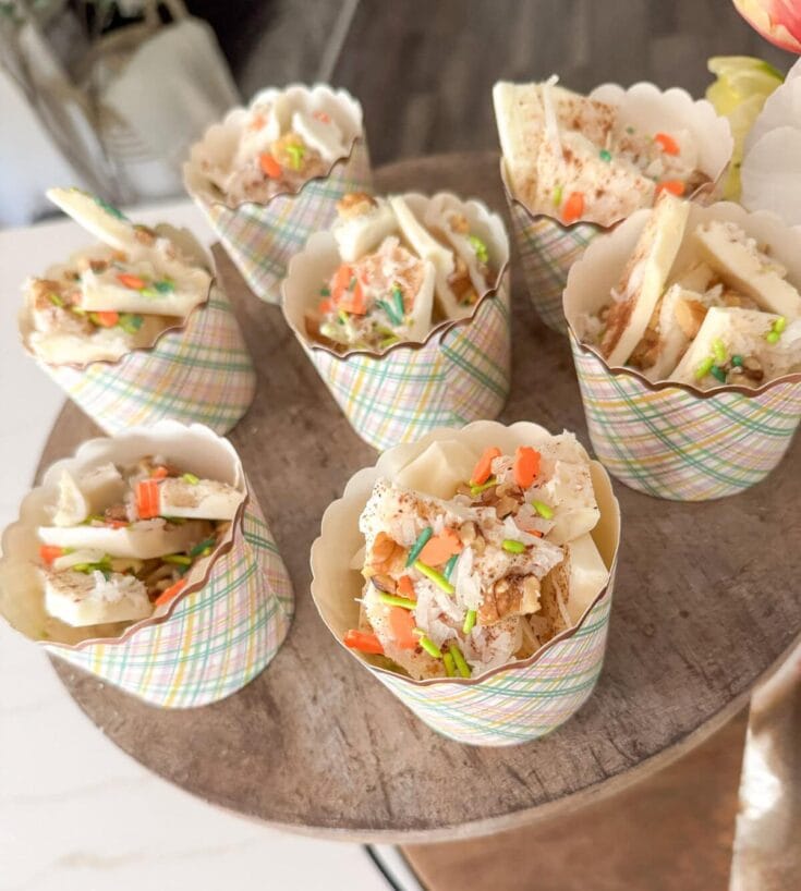 Colorful Easter coconut cake bites with sprinkles in paper cups, perfect for spring celebrations, dessert tables, birthday parties, or special occasions, featuring festive decorated coconut sweets.