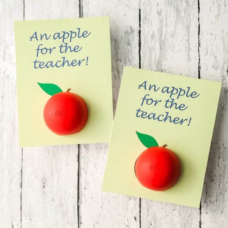 Apple-shaped self-inking stamps on teacher appreciation notes for educators.