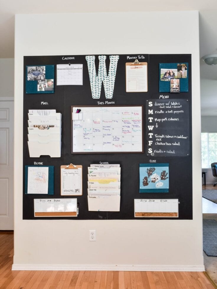 Colorful home organization chalkboard wall with calendar, weekly menu, school papers, and family photos, perfect for stylish home decor and family planning.