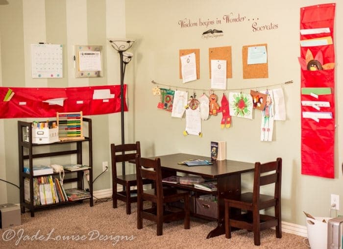 Colorful classroom corner with educational decor, inspirational quote on the wall, craft projects hanging, and organized shelves, perfect for fostering learning and creativity.