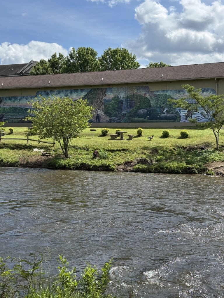 Lush park with vibrant greenery, a river in the foreground, and a mural on a building wall depicting nature scenes, including waterfalls and forests, under a partly cloudy sky.