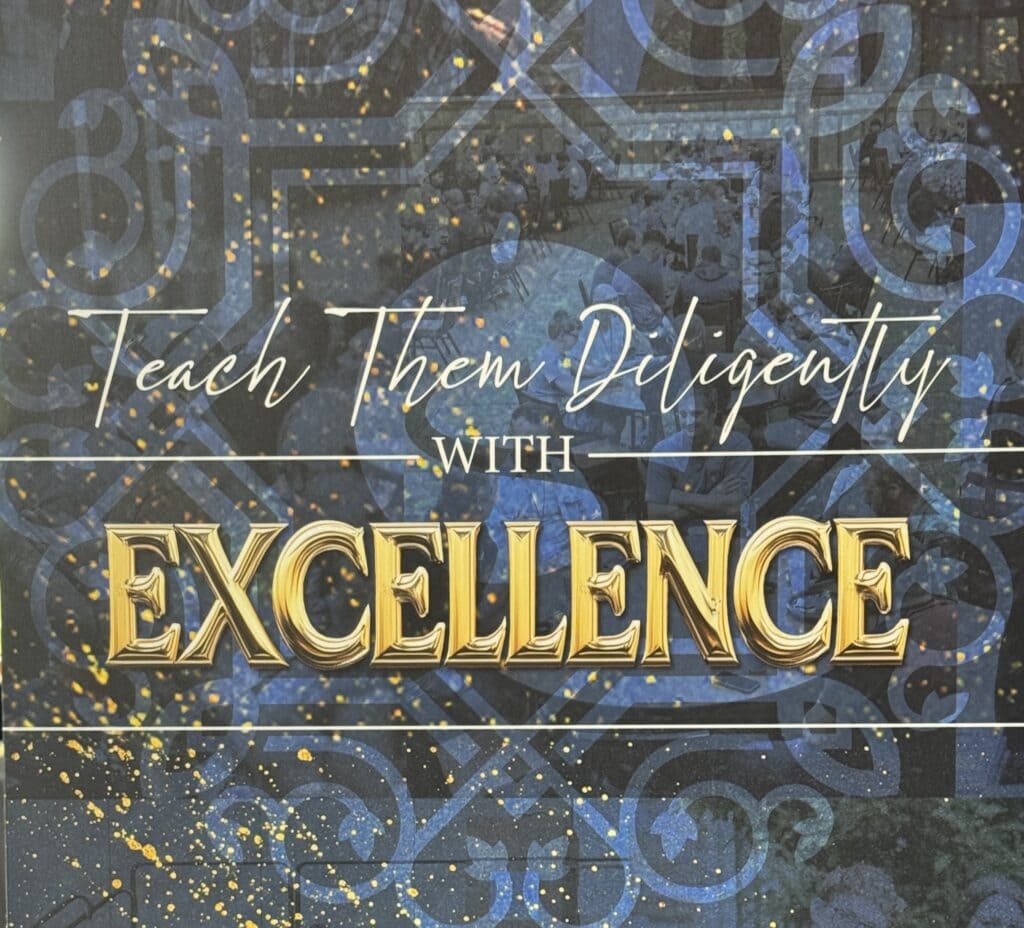 Insightful quote on teaching excellence with background image of a conference or seminar, emphasizing dedication and high standards in education.