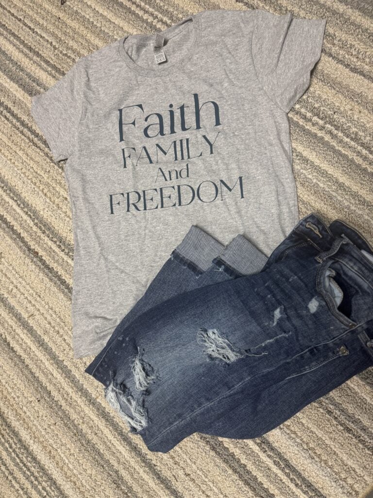 faith family freedom t shirt and jeans