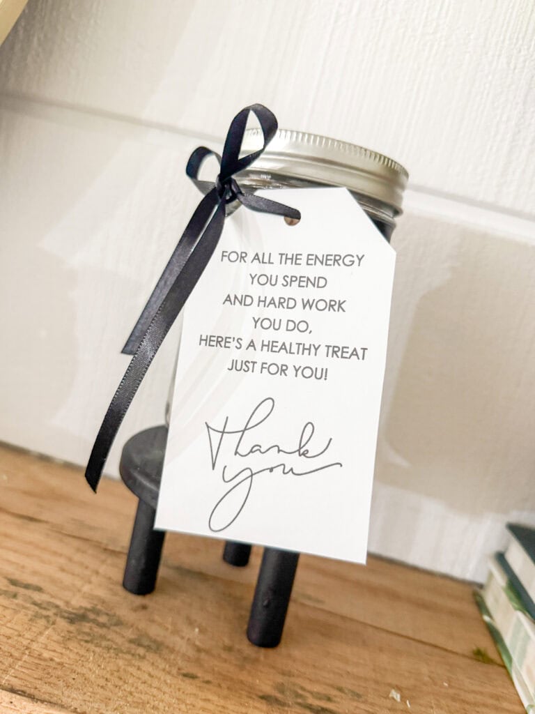 Handmade healthy treat jar gift with thank you note, perfect for expressing gratitude and sharing nutritious snacks, ideal for wellness-focused individuals and gift-giving occasions.