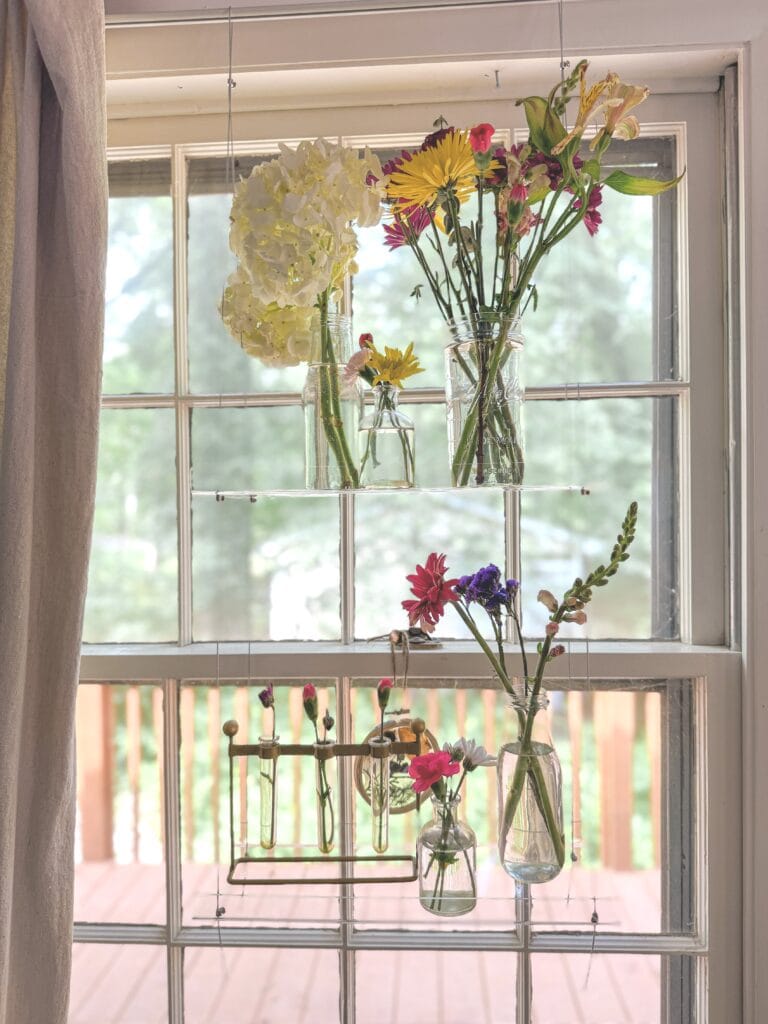 flowers hanging on clear shelf