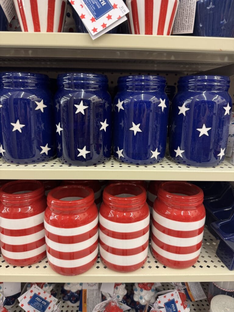 Patriotic American flag patriotic themed mason jars with blue and red stripes, perfect for 4th of July celebrations or patriotic decorations.