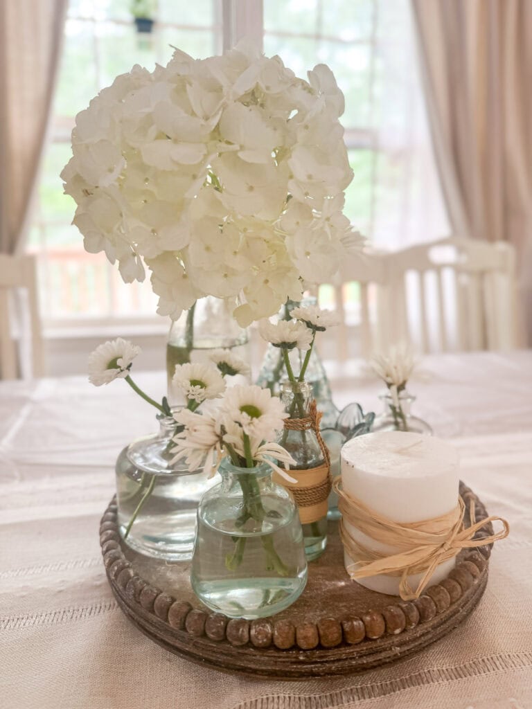 hydrangea bloom in coastal farmhouse centerpiece