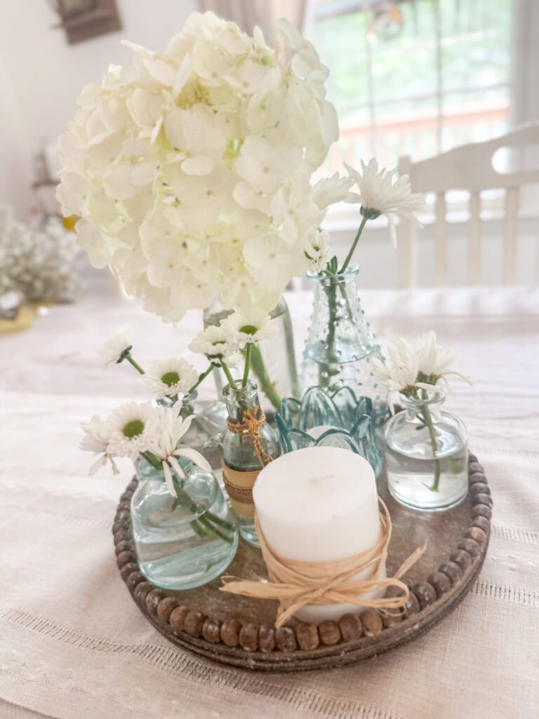 hydrangea bloom in coastal farmhouse centerpiece