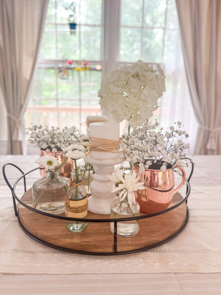 summer centerpiece with neutrals and copper