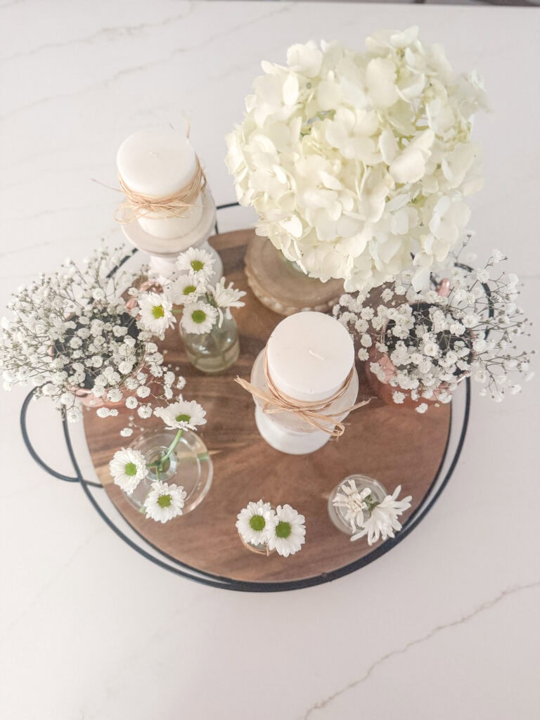 summer neutral and copper centerpiece top view