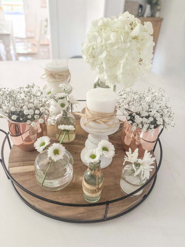 summer centerpiece with neutral color whites and coppers