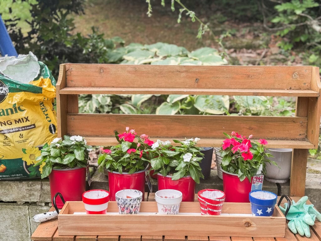Bright pink and white impatiens in red pots with decorative patriotic cups on a wooden garden table, against a lush green garden backdrop, emphasizing gardening and outdoor décor.