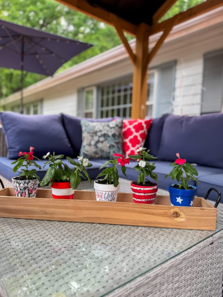 flower pots on coffee table on deck in patriotic colors