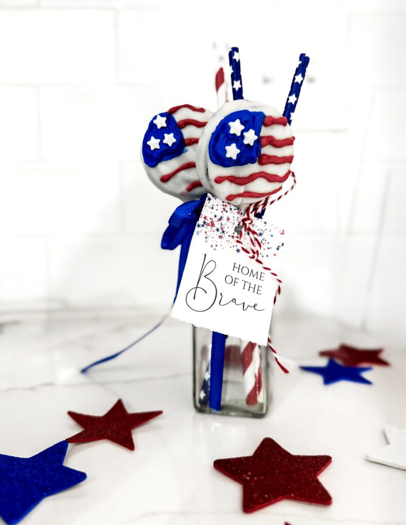 home of the brave tags with flag oreo pops