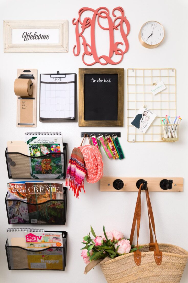 Organized home entryway with wall-mounted mailbox, chalkboard, to-do list, calendar, and decorative hooks for bags and keys, creating a welcoming and functional space.