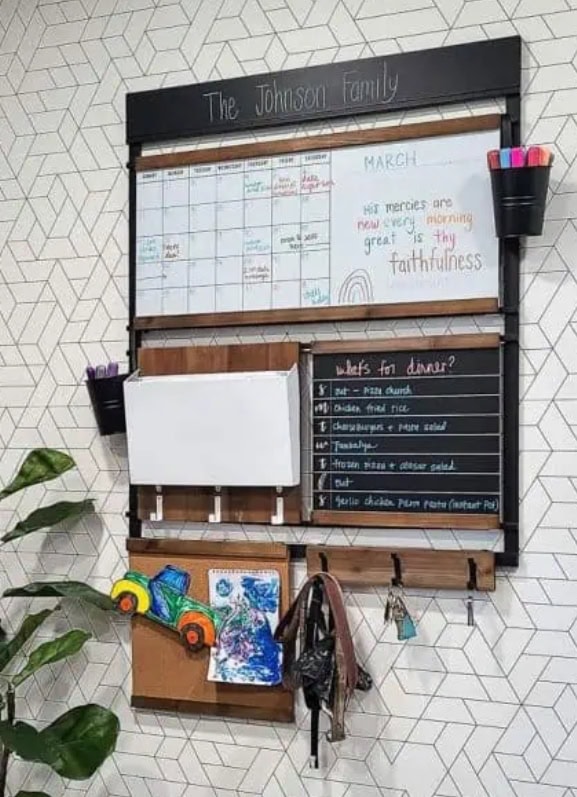 Family calendar and organizational board for The Johnson Family, including meal planning, daily schedules, and keys, in a cozy home decor setting.