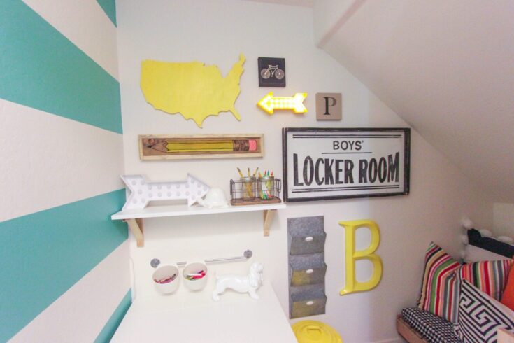 Colorful boys' locker room wall decor with playful signs, artwork, and storage shelves, creating a fun and organized space for kids.