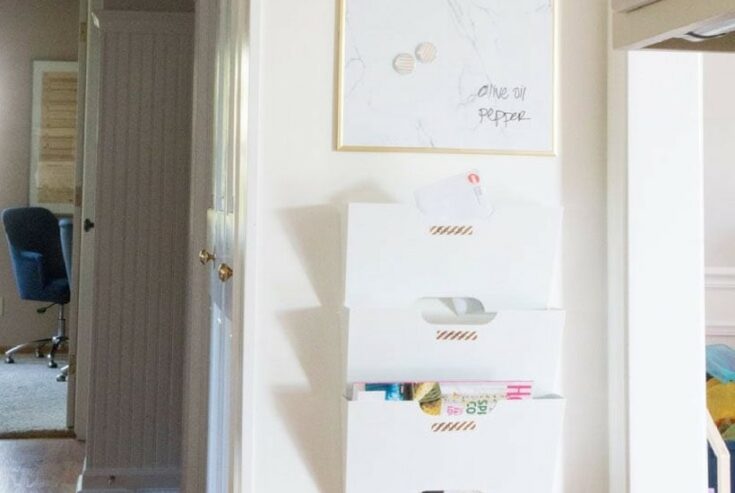 Magazine rack with storage baskets for organization, cozy home decor, white wall, framed artwork, kitchen or living room setting, functional and stylish home storage solution, A Hundred Affections.
