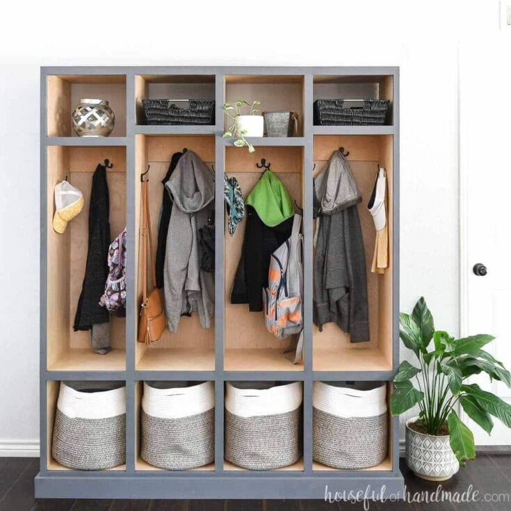 Colorful modern entryway storage bench with cubbies, hooks, and baskets for organizing shoes, coats, and accessories, perfect for home organization and decor.