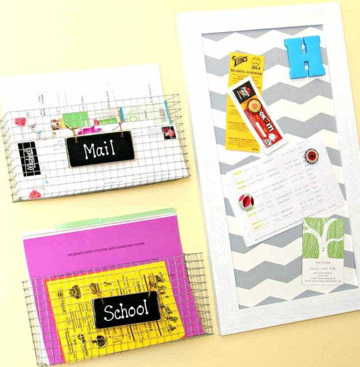 Mail and school organization ideas on a home desk, featuring labeled wire baskets for mail and school papers, colorful stationery, and decorative accents for children’s homework and correspondence.