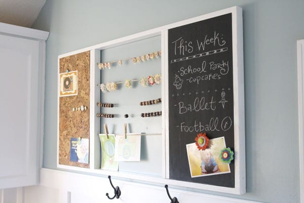 Colorful jewelry display and weekly activity board for kids organized on a white wall.