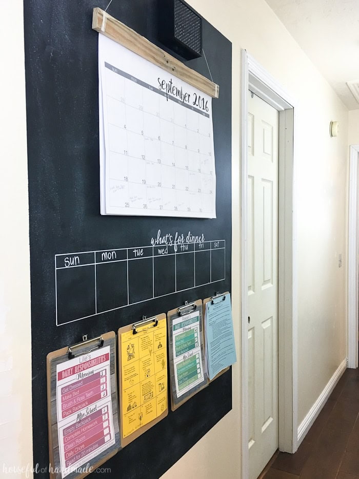 Schedule calendar chalkboard wall with meal planning and daily responsibilities, home organization ideas, home decor inspiration, kitchen or dining area decor, and family scheduling tips.
