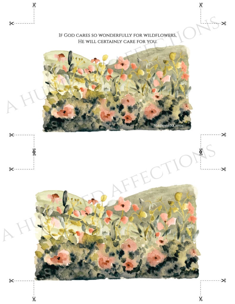 Heavenly watercolor illustration of blooming wildflowers with inspirational Bible verse from Matthew 6:30, emphasizing God's care and creation, perfect for faith-based home decor and spiritual gifts.