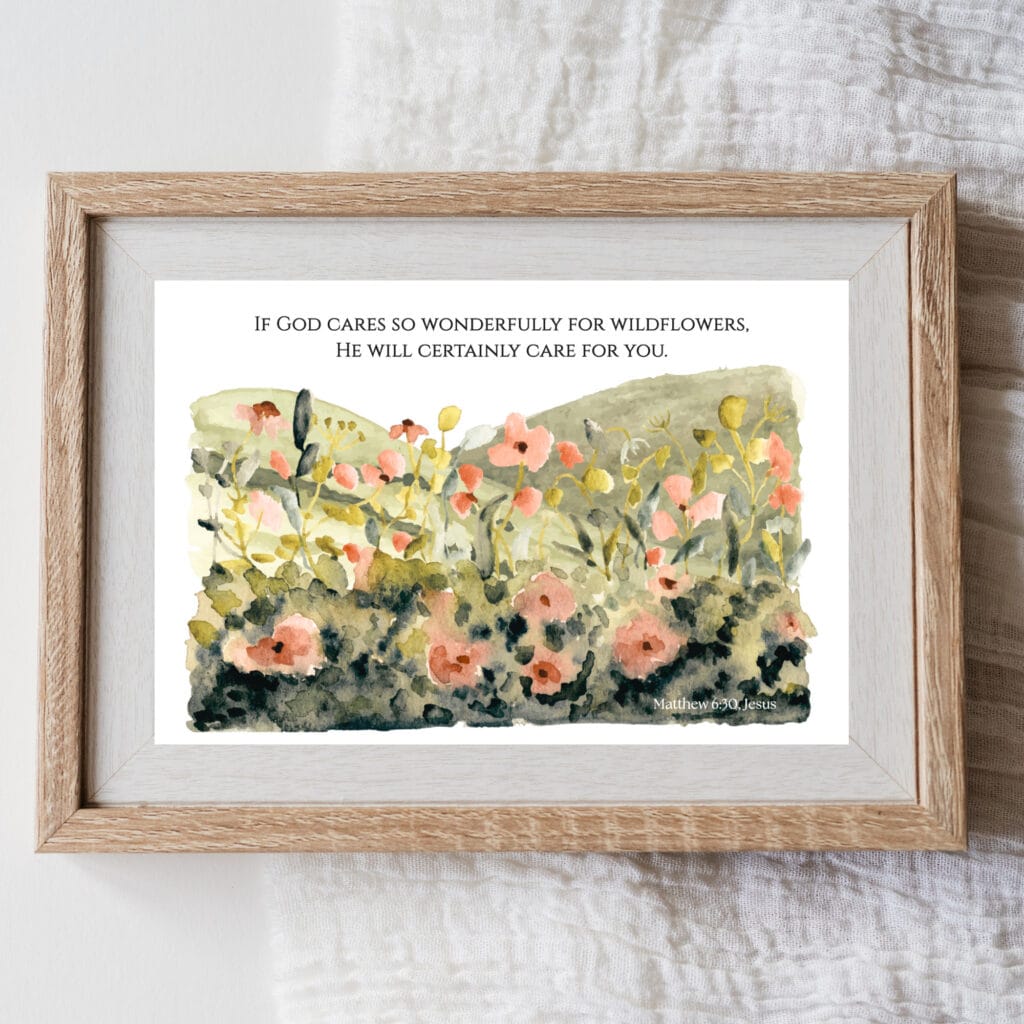 Vibrant watercolor wildflower framed wall art featuring an inspiring Bible verse about God's care from Matthew 6:30, perfect for spiritual home decor and Christian gift ideas.