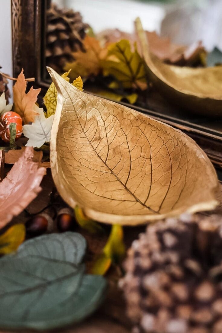 Natural dried leaf bowl with autumn decor, pinecones, berries, and fall leaves for cozy seasonal home decor.