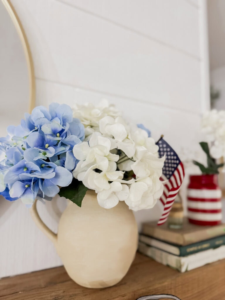 patriotic pitcher with hydrangeas and flag