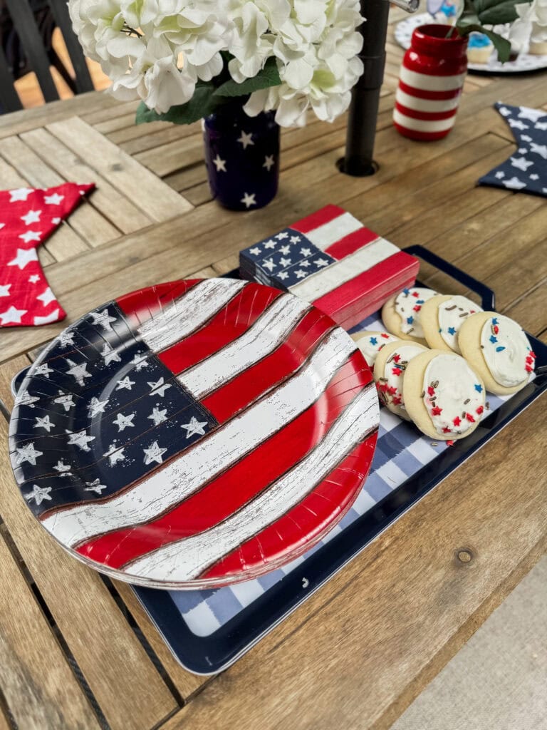 gingham platter with napkins and plates flag