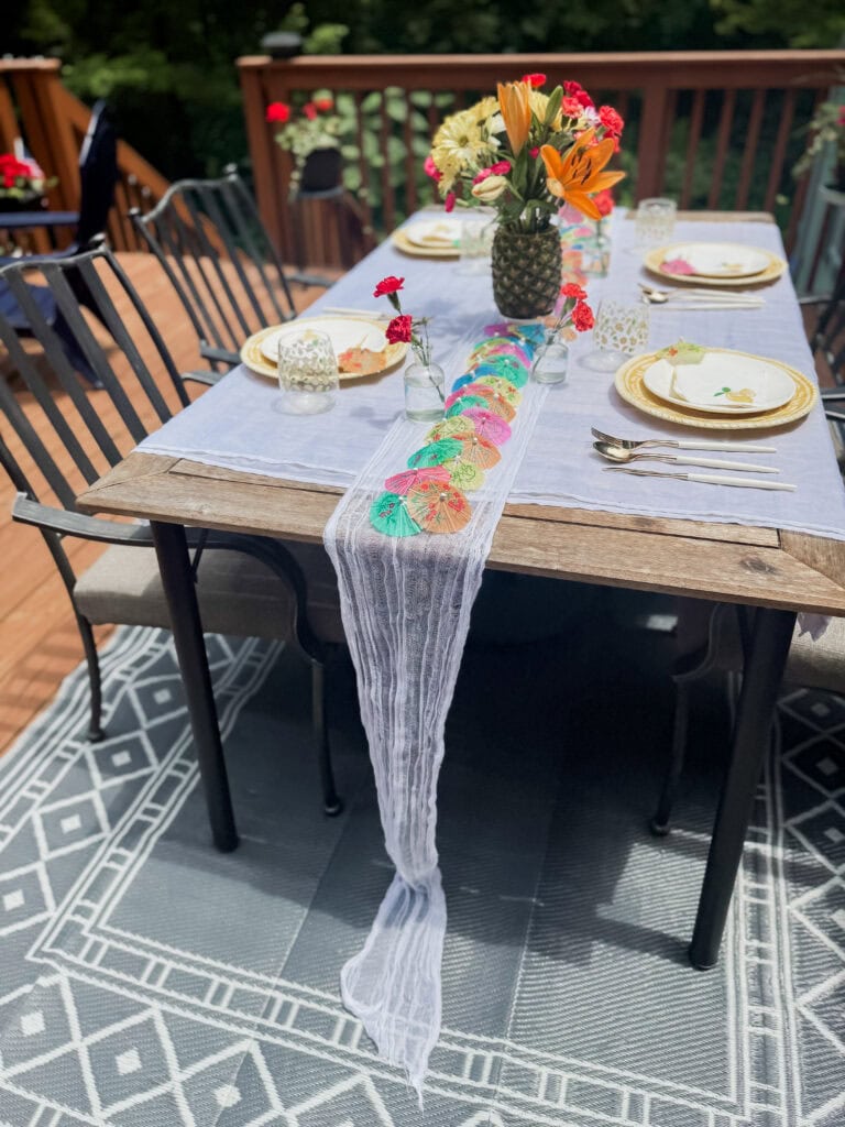 layered sheer panel table with white gauze runner for summer tablescape