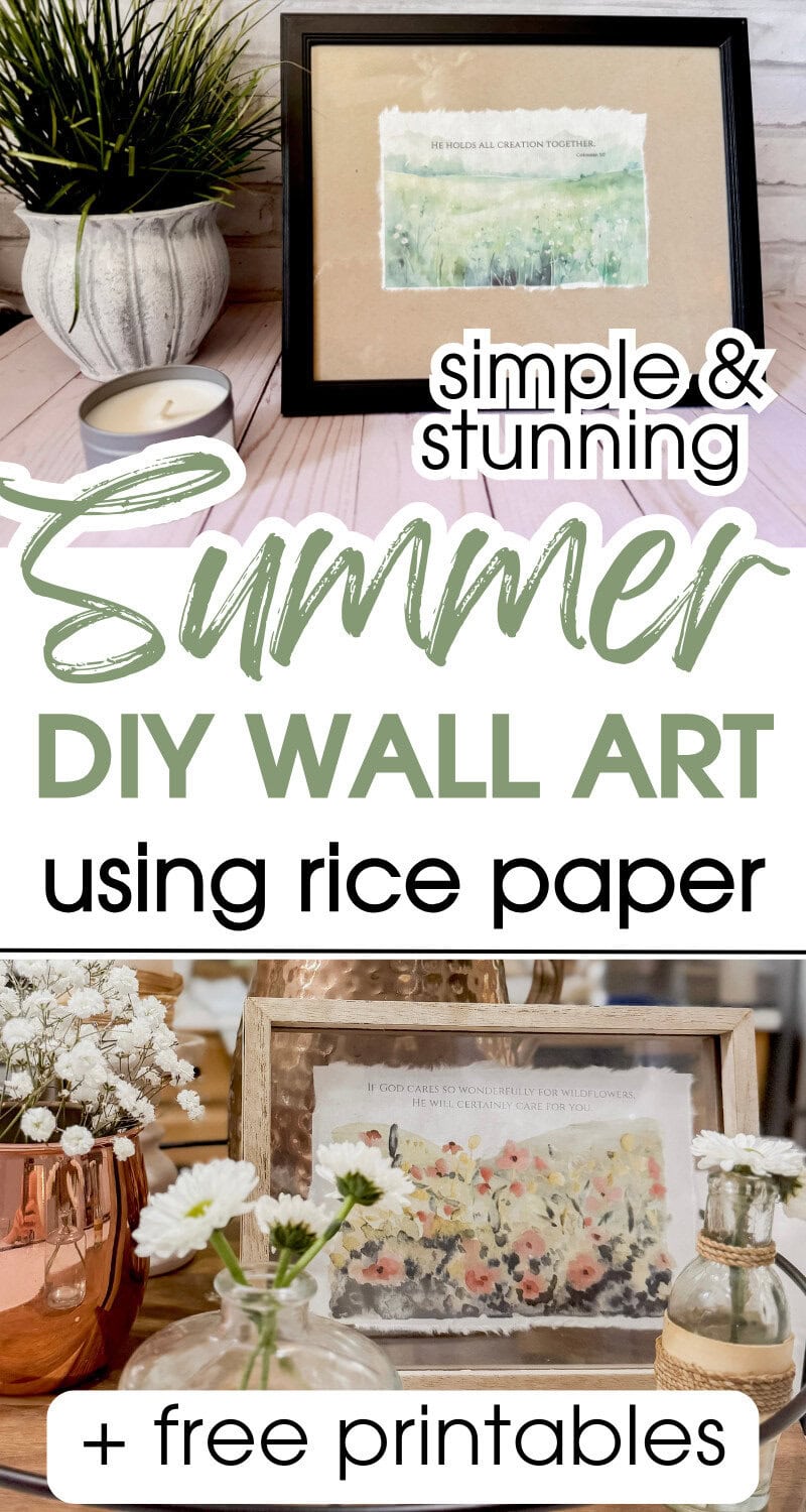 Framed summer DIY wall art with rice paper, featuring watercolor floral designs and inspirational quotes, perfect for home decor and crafting projects.