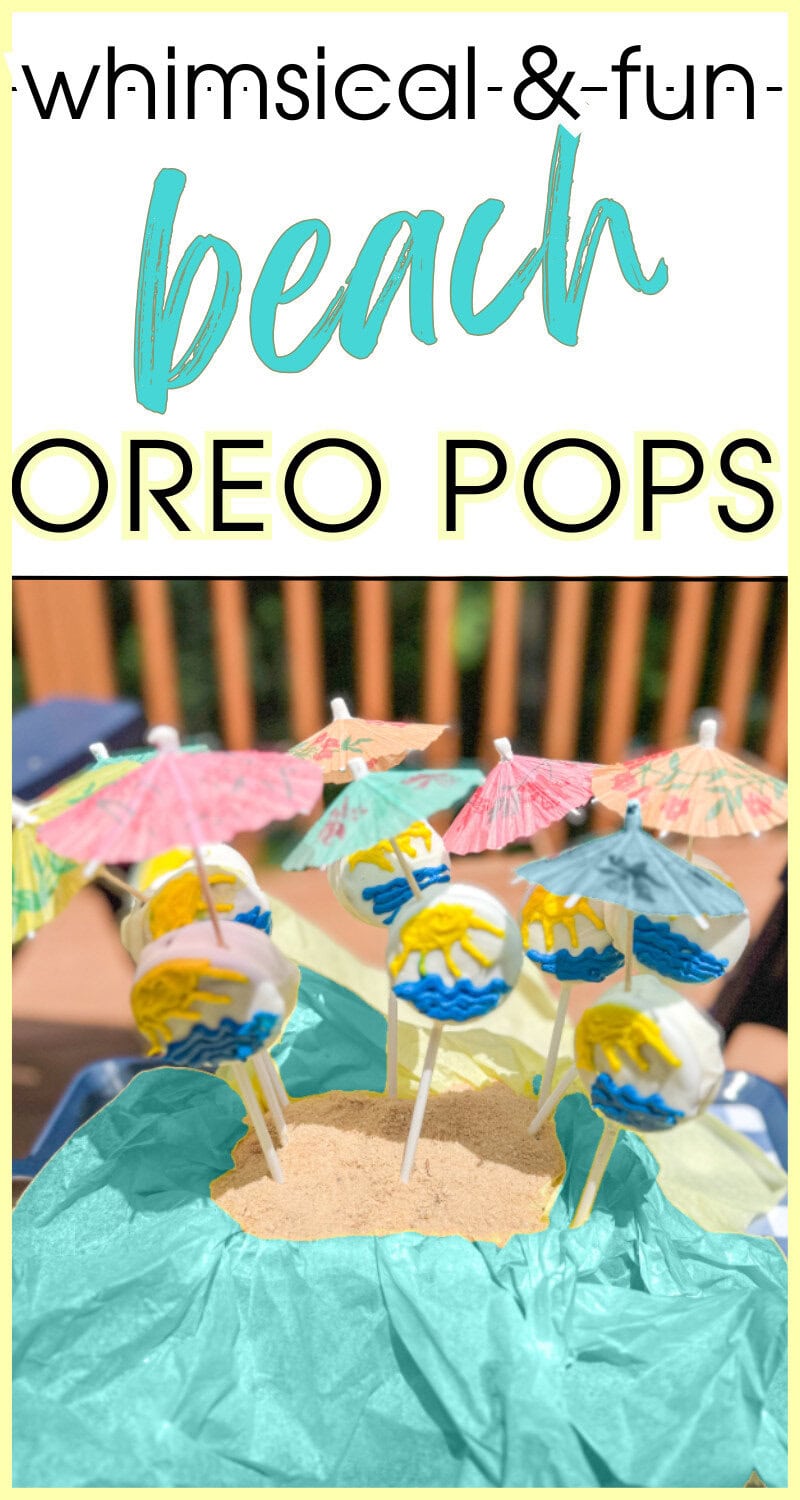 Oreo pops decorated with beach-themed designs and tiny umbrellas, perfect for a whimsical and fun summer party or coastal celebration.
