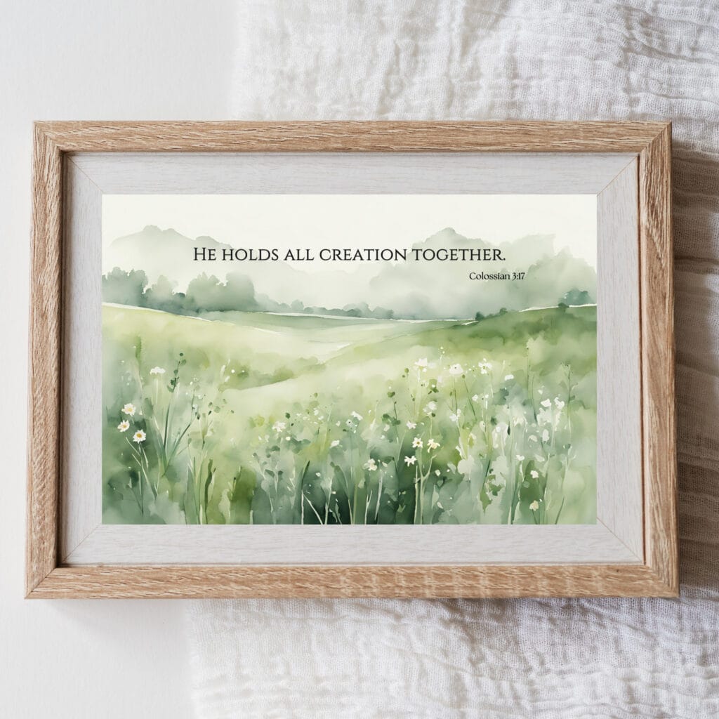 Soft watercolor painting of a lush green landscape with the biblical verse "He holds all creation together" from Colossians 3:17, framed in light wood, ideal for inspirational home decor.
