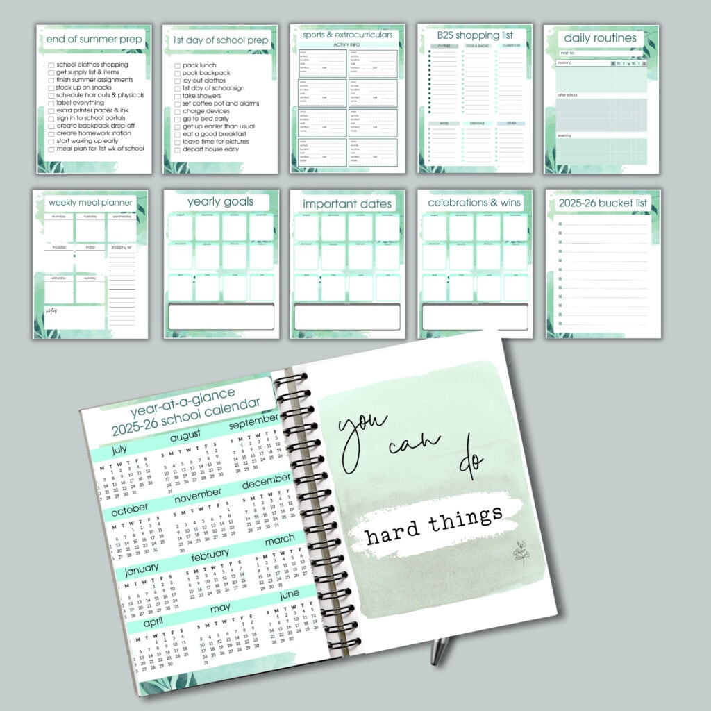 Aesthetic school organizational printables and planners designed for students and parents, featuring yearly, monthly, weekly, and important date templates with a calming green watercolor theme.