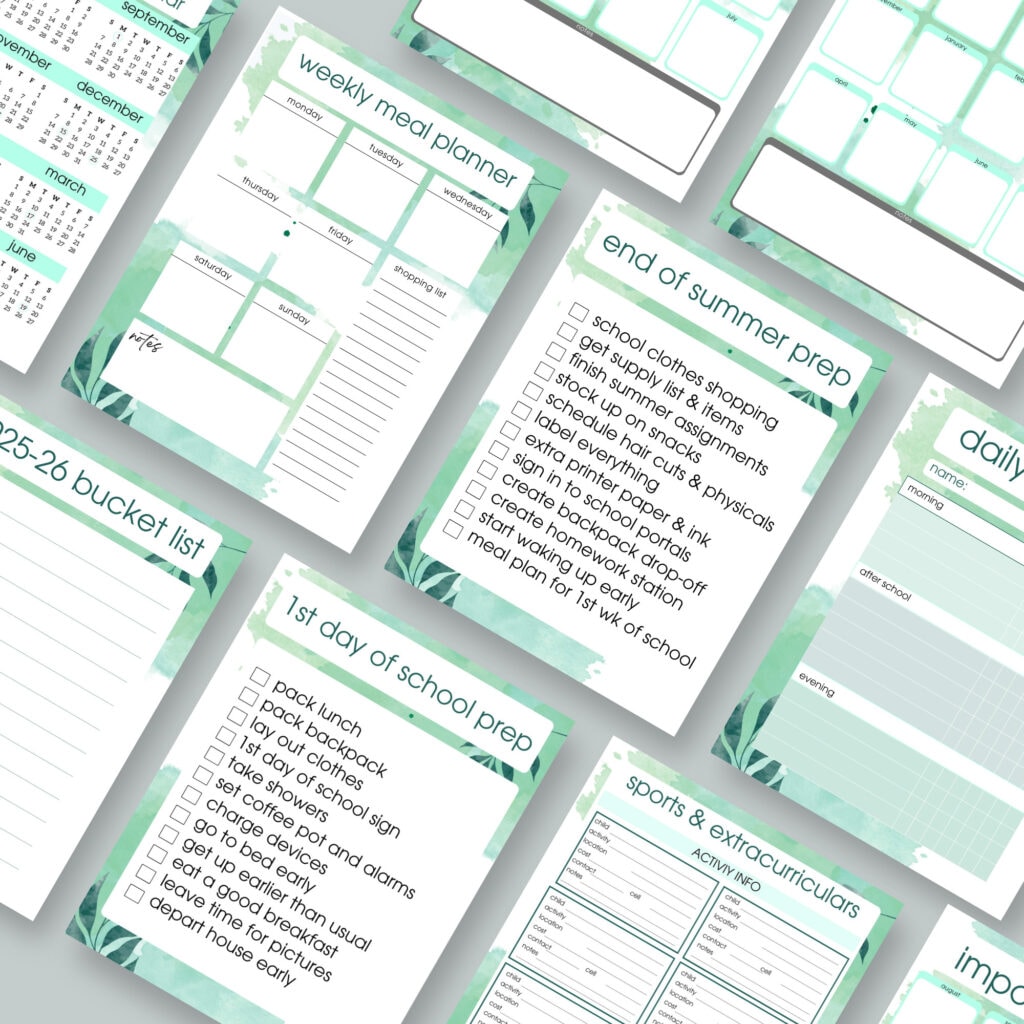 "Stylish green and white school planner pages including weekly meal plans, end of summer prep checklist, and daily school routines for organized back-to-school planning.".