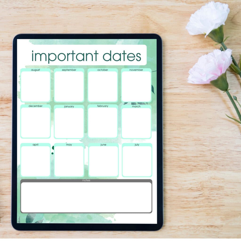 Important dates planner on tablet with floral background for organization, scheduling, and impactful planning for personal and professional life.