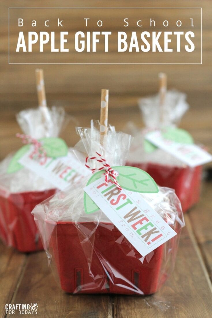 Apple-themed back-to-school gift baskets with festive tags and cute packaging, perfect for teachers or students. Ideal for holiday gifting, combining seasonal cheer with practical school supplies.