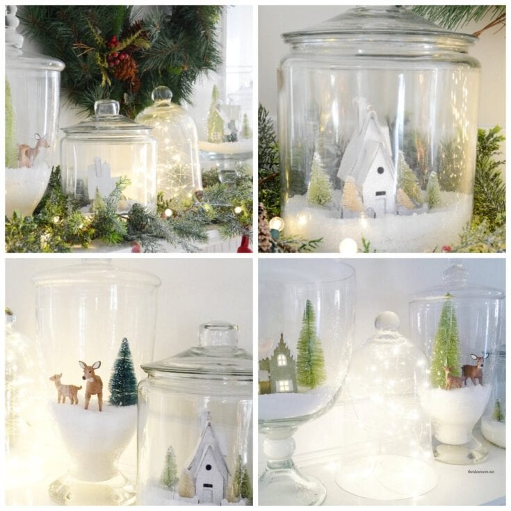 Miniature winter scene inside glass jar with snow-covered trees and a small white church, perfect holiday home decor.