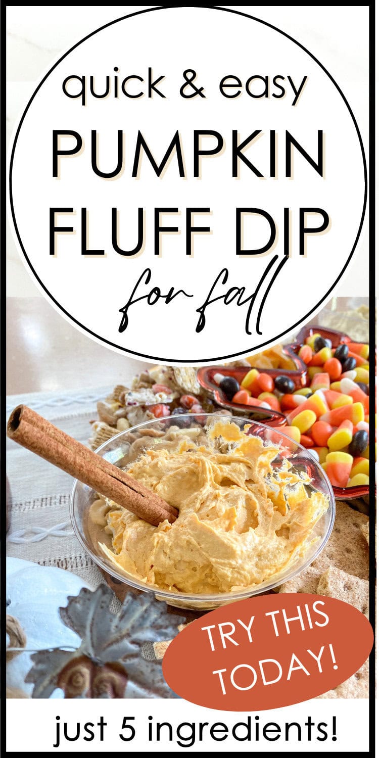 Creamy pumpkin fluff dip with cinnamon stick and colorful candy toppings for fall dessert, quick and easy recipe. Perfect for family gatherings and festive occasions, made with just five simple ingredients.
